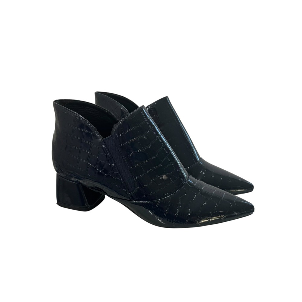 YDN Navy Blue Croc Embossed Patent Leather Pointed Toe Block Heel Shooties 8